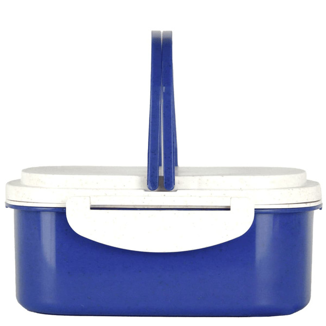 A blue and white lunch box with a handle, made from plastic and wheat straw, featuring a secure lid.