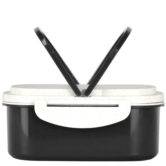 A plastic and wheat straw lunch box in black with a light grey lid and black handles, featuring a logo.