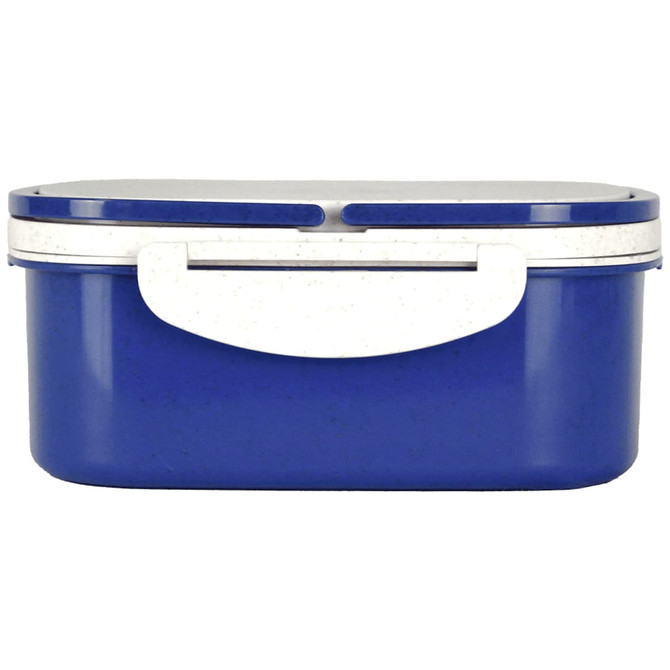 A blue plastic and wheat straw lunch box with a white handle and lid. Features a simple design and smooth surface.