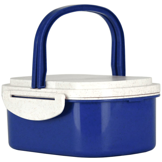 A blue and white plastic lunch box with a handle and a secure lid, featuring a branding logo.