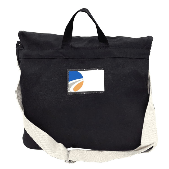 A black canvas shoulder bag with a cream strap, featuring a logo on the front.