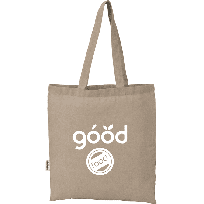 A beige recycled cotton twill tote bag with shoulder straps and a logo design.