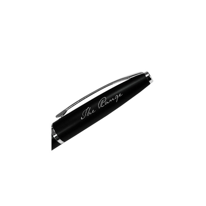 A black metal pen featuring a sleek design and a clip. It has a logo on the side.