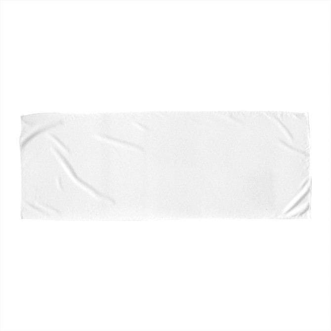 A white cooling towel with a smooth texture, featuring a logo. Suitable for leisure and outdoor activities.