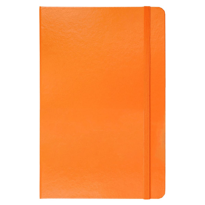 An orange notebook with a smooth finish and elastic band closure, featuring a logo on the front.