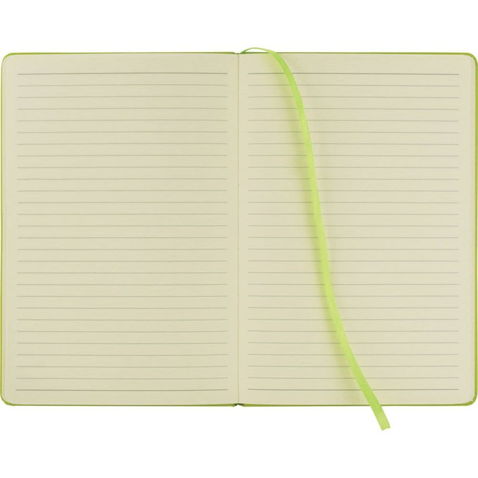 A green Ambassador Bound JournalBook with blank lined pages and a matching ribbon marker.