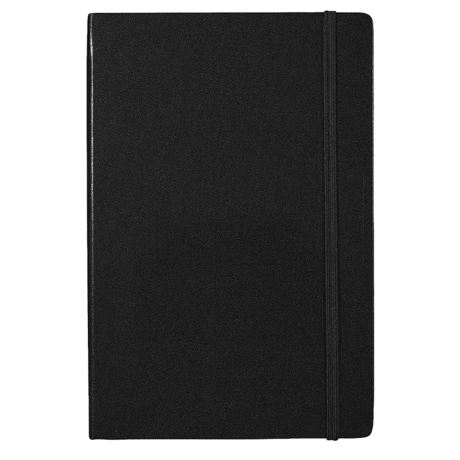 A black notebook with a smooth finish and an elastic band closure. It features a logo on the cover.
