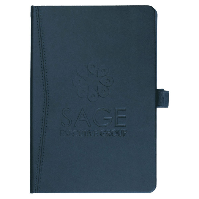 A navy blue bound journal with a textured cover and an embossed logo on the front.