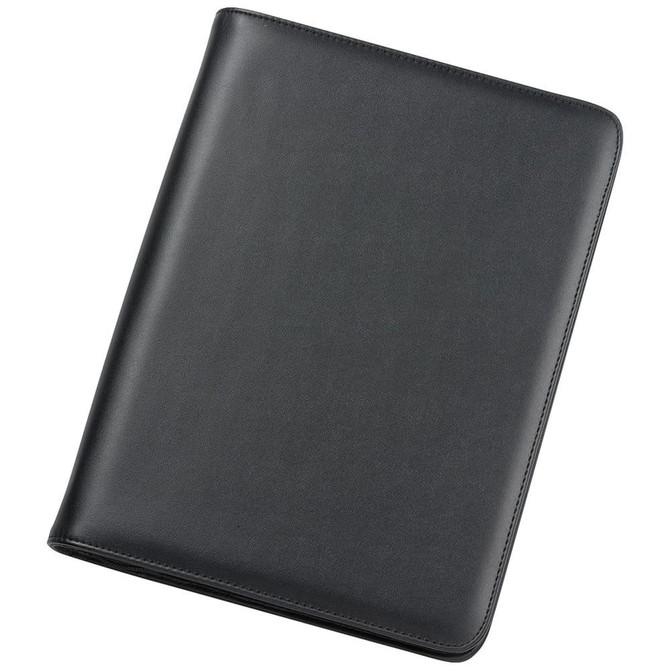 A black imitation leather A4 compendium featuring a smooth exterior and a logo.