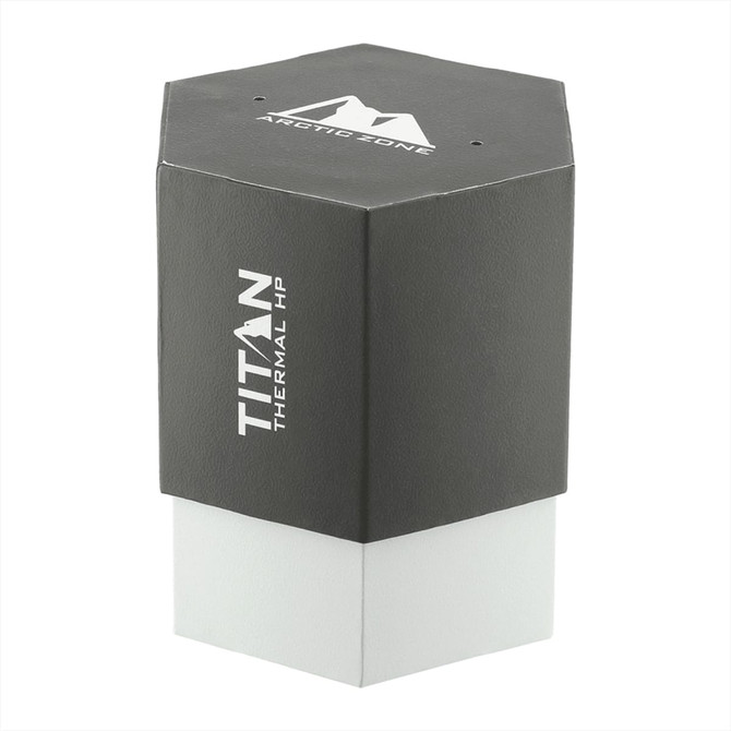 A drink bottle in dark grey and white, featuring a hexagonal shape and a branded logo.