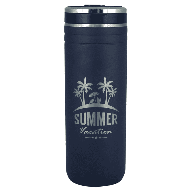 A drink bottle in navy blue with a straw, featuring a palm tree design and a logo.