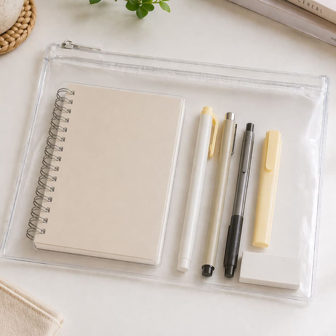 A clear pencil case containing a notebook, pens, a highlighter, and an eraser, all in neutral colours.