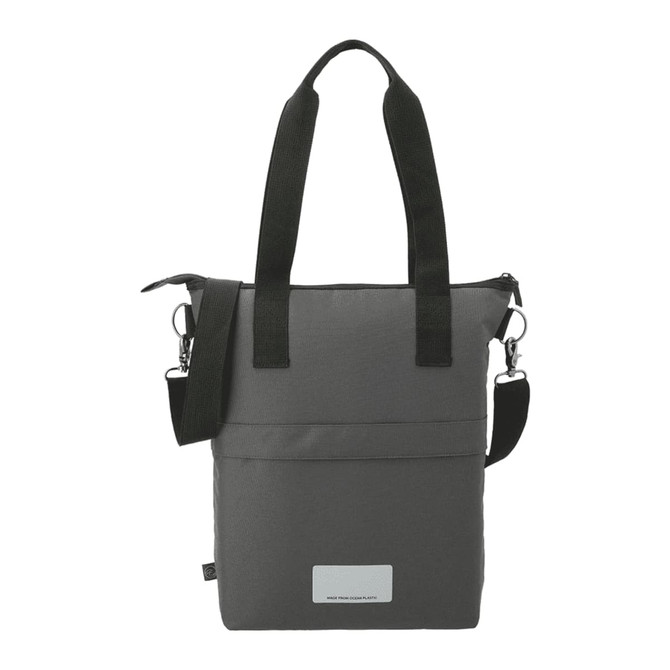 A grey laptop tote bag featuring adjustable straps and a logo on the front. Made from recycled materials.