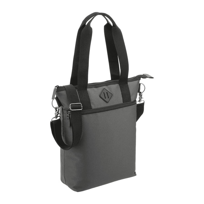 A grey laptop tote bag with adjustable straps and a logo, made from recycled material.