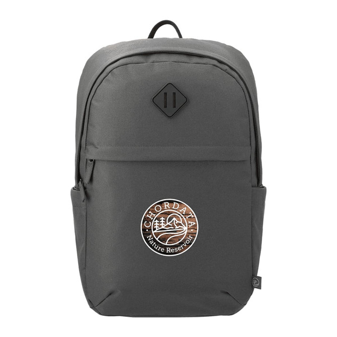 A grey computer backpack made from Repreve recycled material, featuring a logo on the front and adjustable straps.