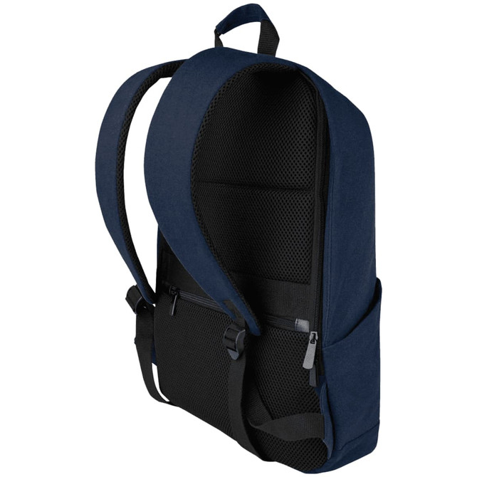 A navy blue 15" laptop backpack with anti-theft features and a mesh panel on the back and sides.