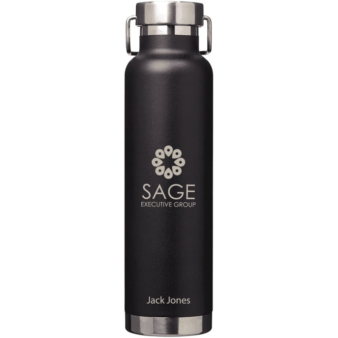 A drink bottle featuring a sleek black design with a stainless steel base and a logo. Holds 650ml.
