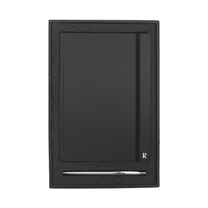 A black hardcover notebook and a silver stainless steel pen in a black gift box with a logo.