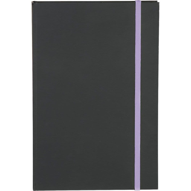 A black journal with a lavender elastic band. It features a simple design suitable for office use.