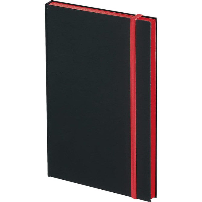 A black journal with a red spine and elastic band for closure, featuring a simple design and a logo.