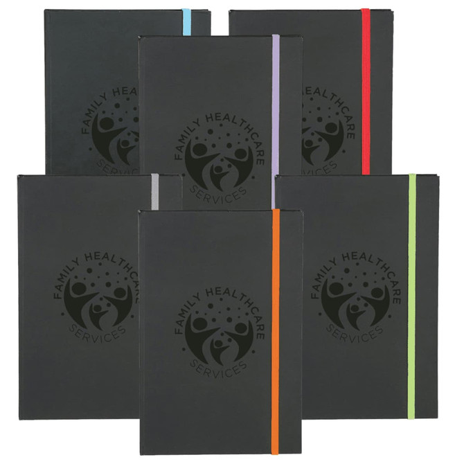 A set of Colour Pop JournalBooks in various colours with elastic closures and a logo on the cover.
