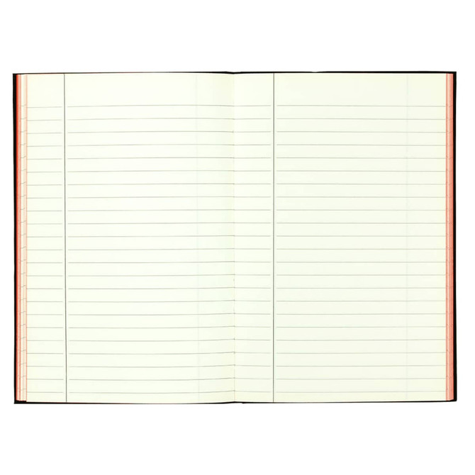 An open journal featuring blank lined pages with a red border and a dark cover. The journal has a logo on the front.