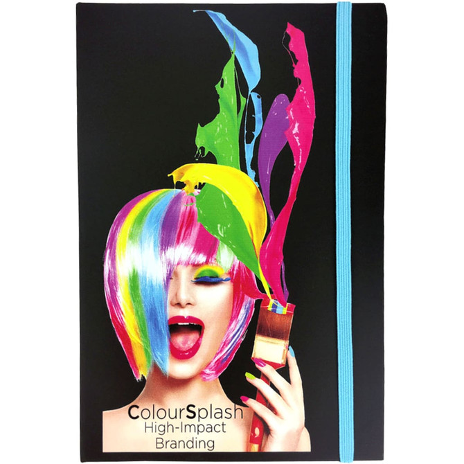 A Colour Pop JournalBook with a vibrant, colourful design featuring a paint-splashing figure and a light blue elastic band.