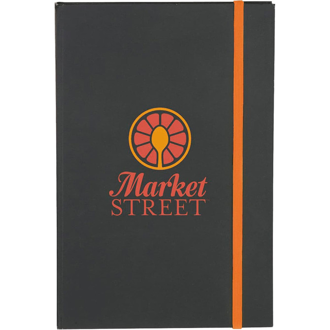 A black journal with an orange elastic band and a logo on the cover.