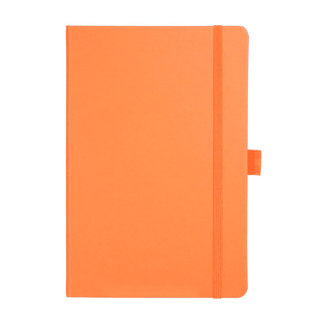 An orange notebook with a elastic band closure and a bookmark, featuring a logo.