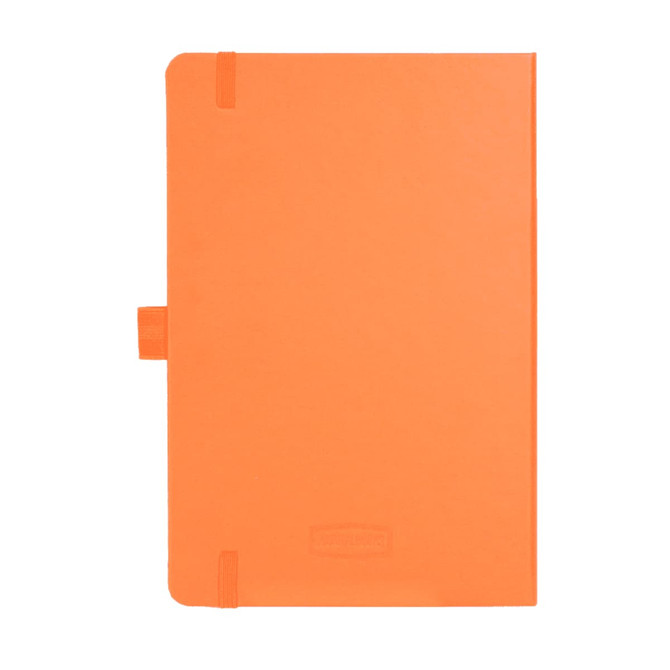 An orange Nova Bound JournalBook with an elastic band closure and a branding logo on the cover.