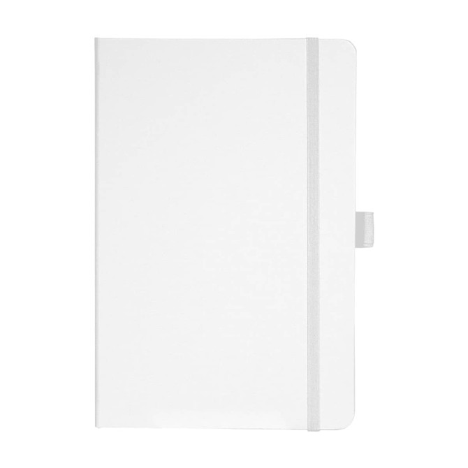 A white journal notebook with a flexible cover and an elastic closure, featuring a logo on the front.