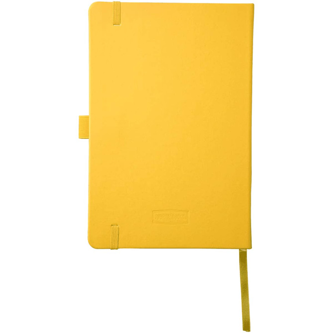 A yellow Nova Bound JournalBook featuring a smooth cover and an elastic closure. It includes a ribbon bookmark.