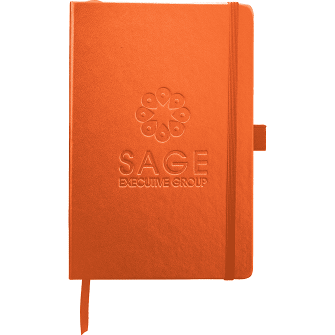 An orange bound journal with a logo on the cover and an elastic closure.