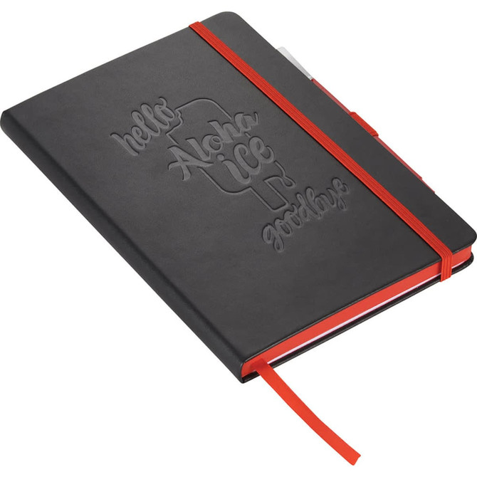 A black journal with a textured cover, featuring a red elastic band and a red ribbon bookmark.