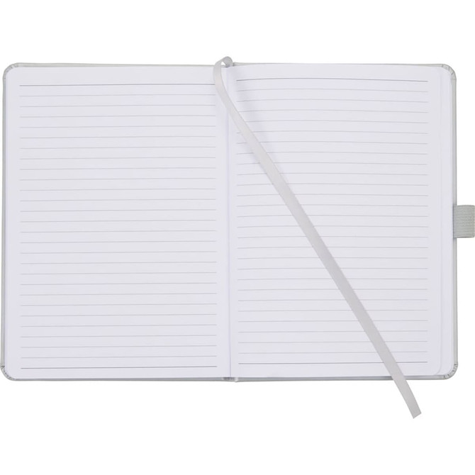 A hardbound journal with lined pages and a ribbon marker, featuring a grey cover.