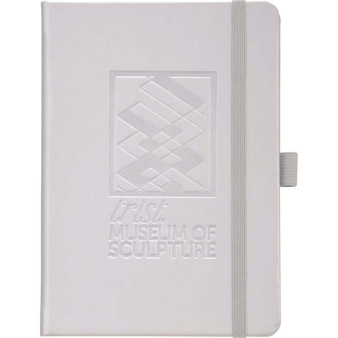 A white hard bound journal with an embossed design and elastic closure, featuring a logo on the front.
