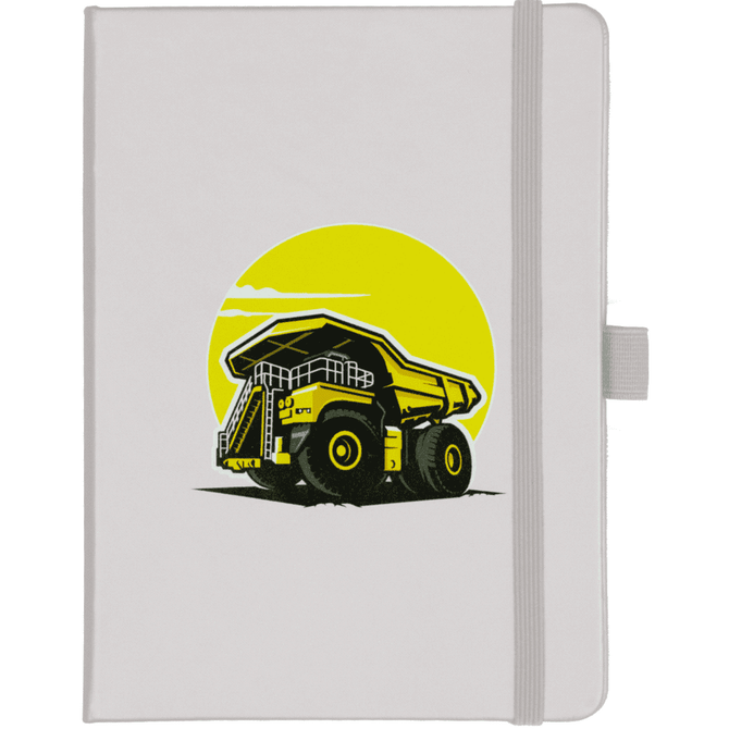 A hard-bound journal in white featuring a yellow and black design of a dump truck, complete with an elastic closure.