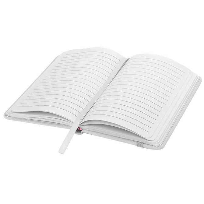 A Spectrum Pocket Notebook in white with lined pages and a ribbon bookmark, featuring a logo on the cover.