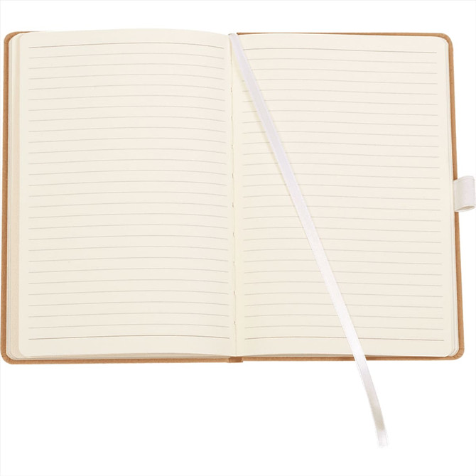 A notebook featuring lined pages and a ribbon bookmark, with a brown cover and a subtle logo.