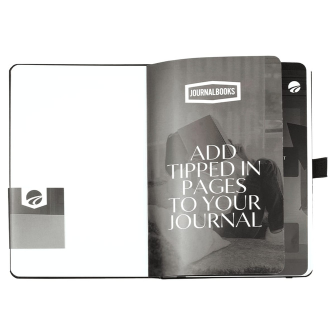 A Nova Bound JournalBook with blank pages, featuring a sleek design and a subtle logo, in black and white.