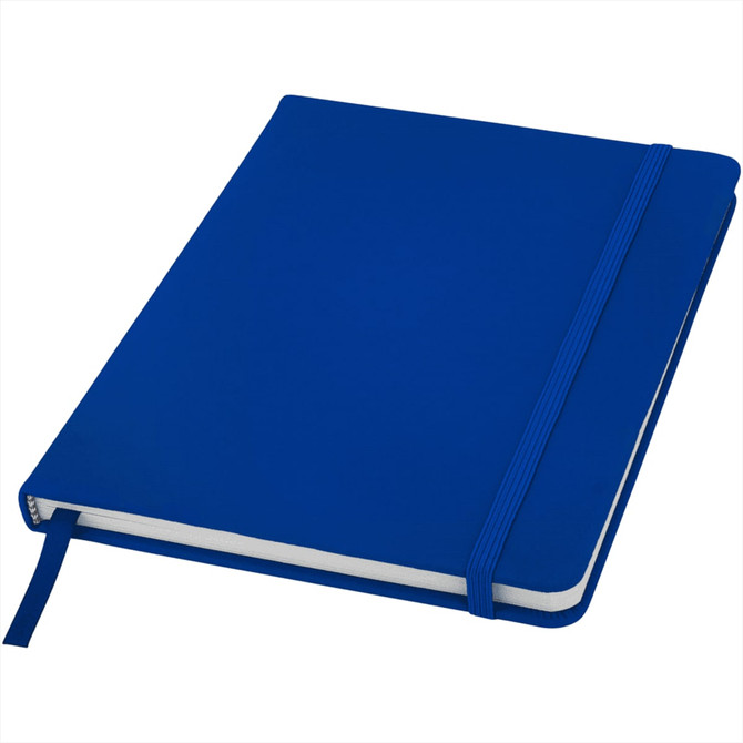 A blue hard cover notebook with an elastic band closing and a ribbon bookmark. It features a logo on the front.