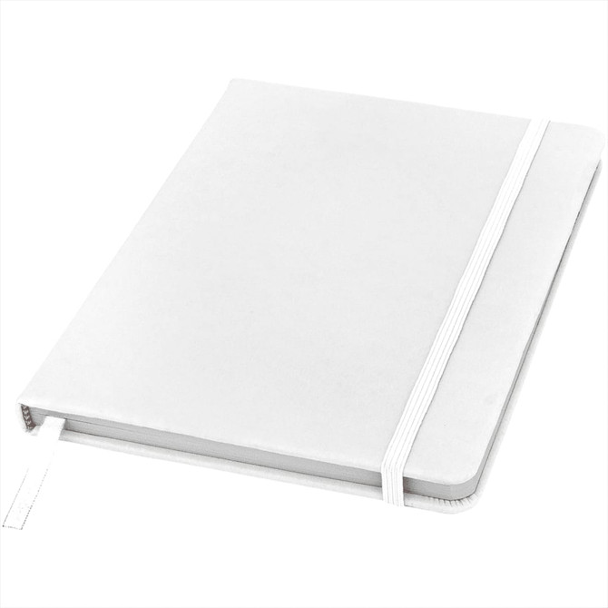 A white A5 hard cover notebook with an elastic band closure and a ribbon bookmark.