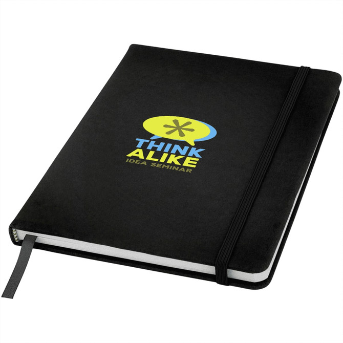 A black A5 hard cover notebook with a ribbon bookmark and an elastic closure, featuring a logo on the front.