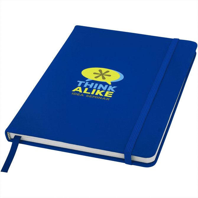 A blue hard cover notebook with an elastic band closure and a logo on the front.