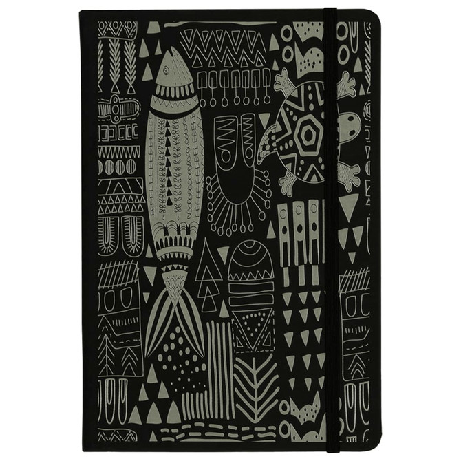 A black A5 hard cover notebook featuring intricate grey patterns and designs including fish, turtles, and abstract shapes.