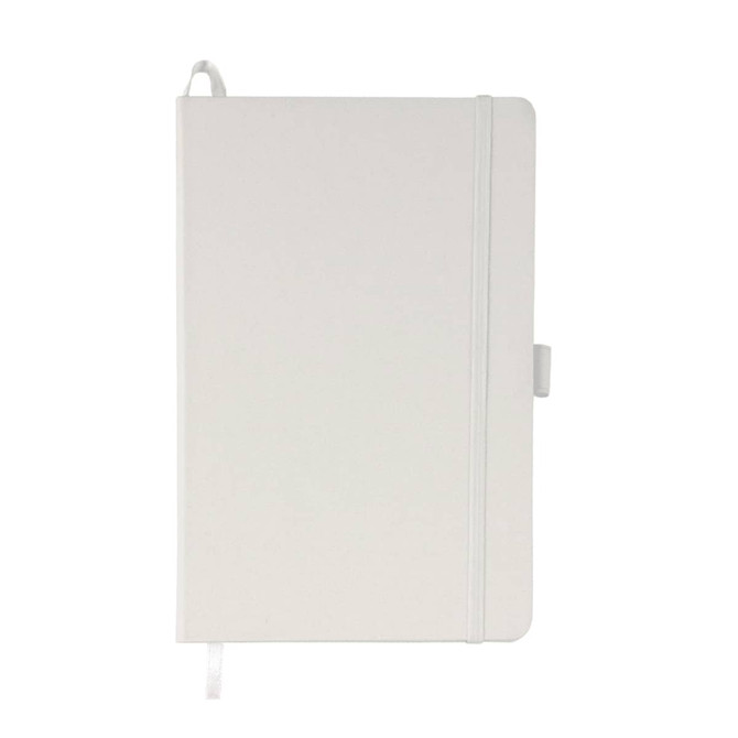 A white A5 notebook with a ribbon marker and elastic closure, featuring a logo on the cover.