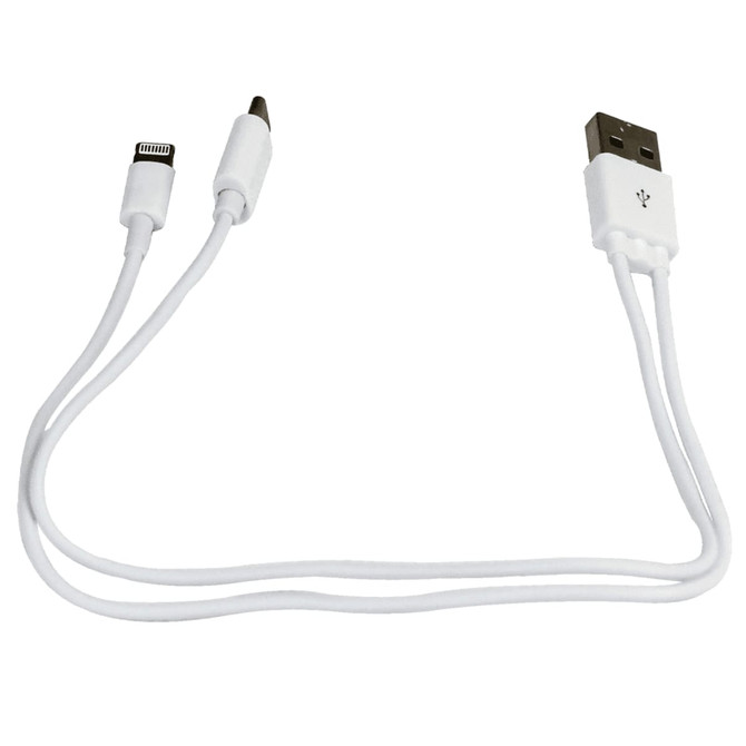 A white USB charging cable with two connectors, designed for compatibility with multiple devices.