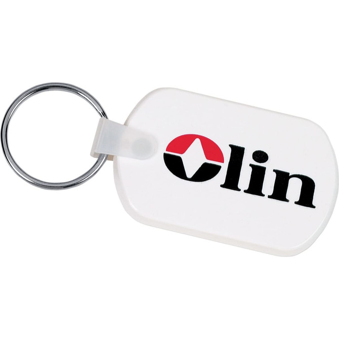 A rectangular soft key tag in white featuring a logo, attached to a metallic key ring.