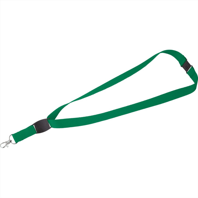 A green lanyard with a flat panel and a clip attachment, suitable for exhibitions and events.
