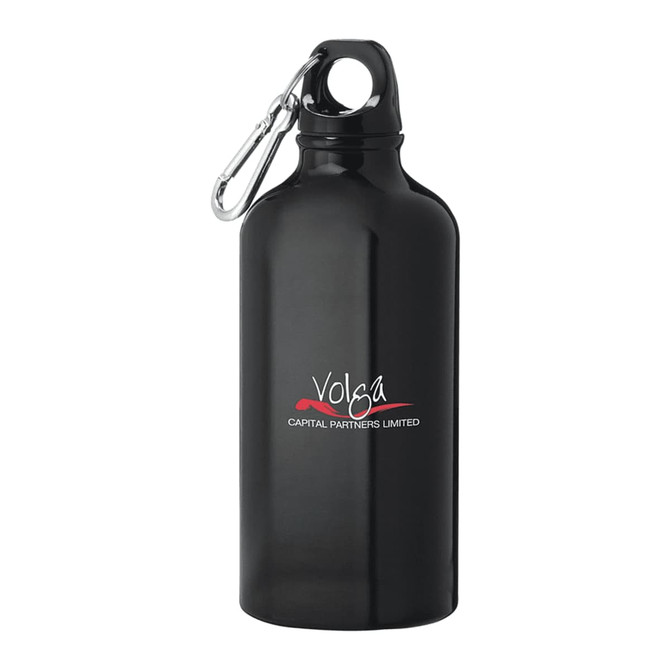 A drink bottle in shiny black aluminium with a carabiner clip and a logo design.